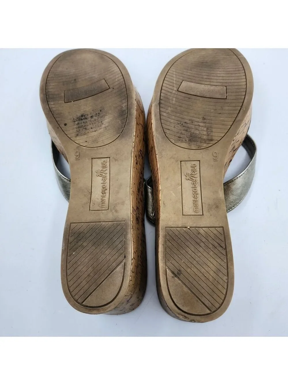 Montego Bay Club Metallic and Tan Cork Wedge Sandals Sz 9